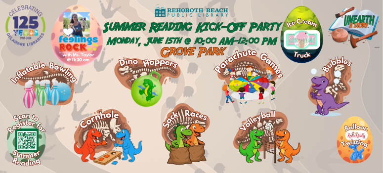Summer Reading Kick-Off Party poster with dinosaur-themed games and activities at Grove Park, June 15, 10 AM-12 PM, hosted by Rehoboth Beach Library.
